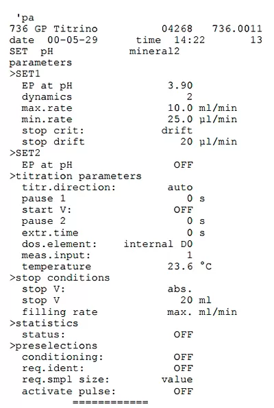  Рис 4. Отчет параметров для определения свободной минеральной кислоты